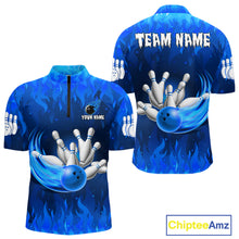 Load image into Gallery viewer, Personalized Flame Blue Bowling Shirt For Men Custom Fire Bowling Team Jersey Polo &amp; 1/4 Zip TDM6090