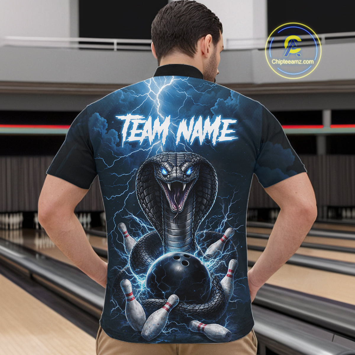 Custom Blue Lightning Cobra Snake Bowling Shirt For Men, Bowling Team Jersey Polo & 1/4 Zip TDM6350