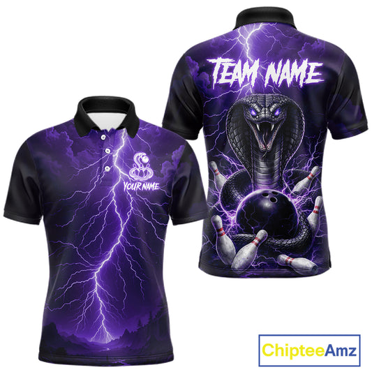 Custom Purple Lightning Cobra Snake Bowling Shirt For Men, Bowling Team Jersey Polo & 1/4 Zip TDM6351