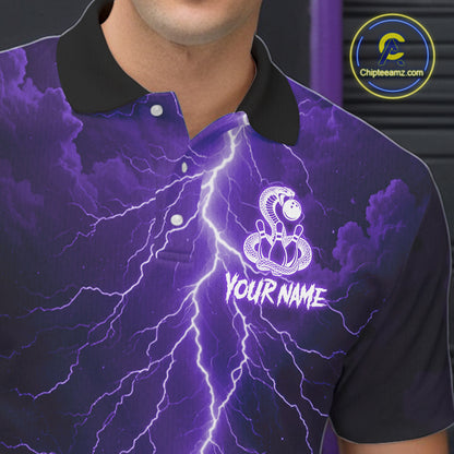 Custom Purple Lightning Cobra Snake Bowling Shirt For Men, Bowling Team Jersey Polo & 1/4 Zip TDM6351
