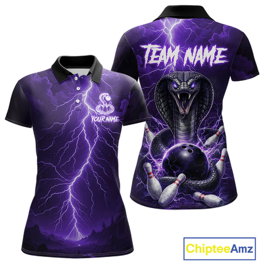 Custom Purple Lightning Cobra Snake Bowling Shirt For Women, Bowling Team Jersey Polo & 1/4 Zip TDM6351