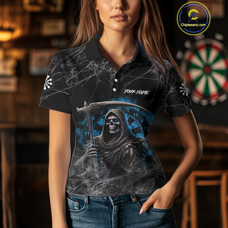 Black And Blue Grim Reaper Smoke Funny Dart Shirts For Women Custom Dart Jerseys, Darts Clothing TDM4005