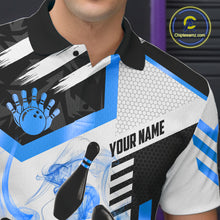 Load image into Gallery viewer, Custom Smoke Bowling Pins Polo &amp; Quarter Zip Shirt For Men, Bowling League Team Jersey |Blue TDM6522