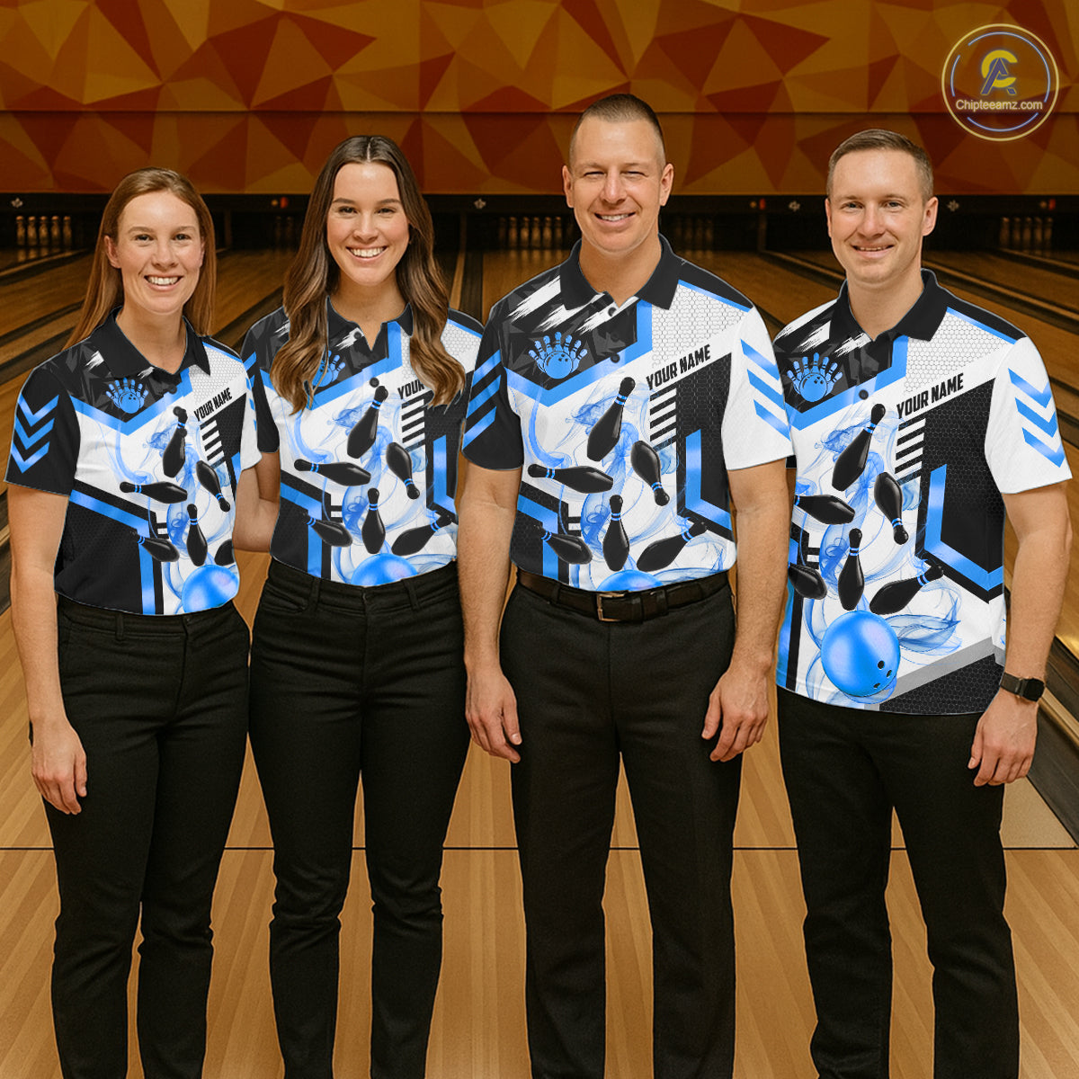Custom Smoke Bowling Pins Polo & Quarter Zip Shirt For Men, Bowling League Team Jersey |Blue TDM6522