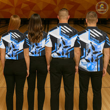 Load image into Gallery viewer, Custom Smoke Bowling Pins Polo &amp; Quarter Zip Shirt For Men, Bowling League Team Jersey |Blue TDM6522