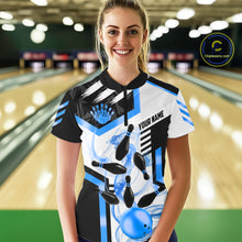 Load image into Gallery viewer, Custom Smoke Bowling Pins Polo &amp; Quarter Zip Shirt For Women, Bowling League Team Jersey |Blue TDM6522