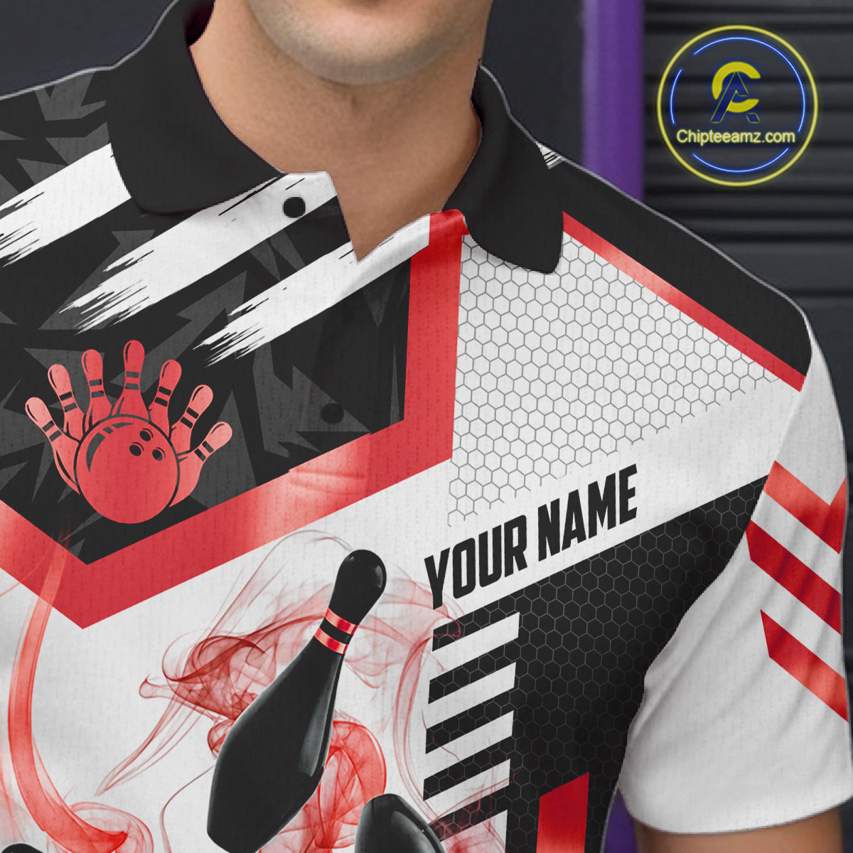 Custom Smoke Bowling Pins Polo & Quarter Zip Shirt For Men, Bowling League Team Jersey |Red TDM6523