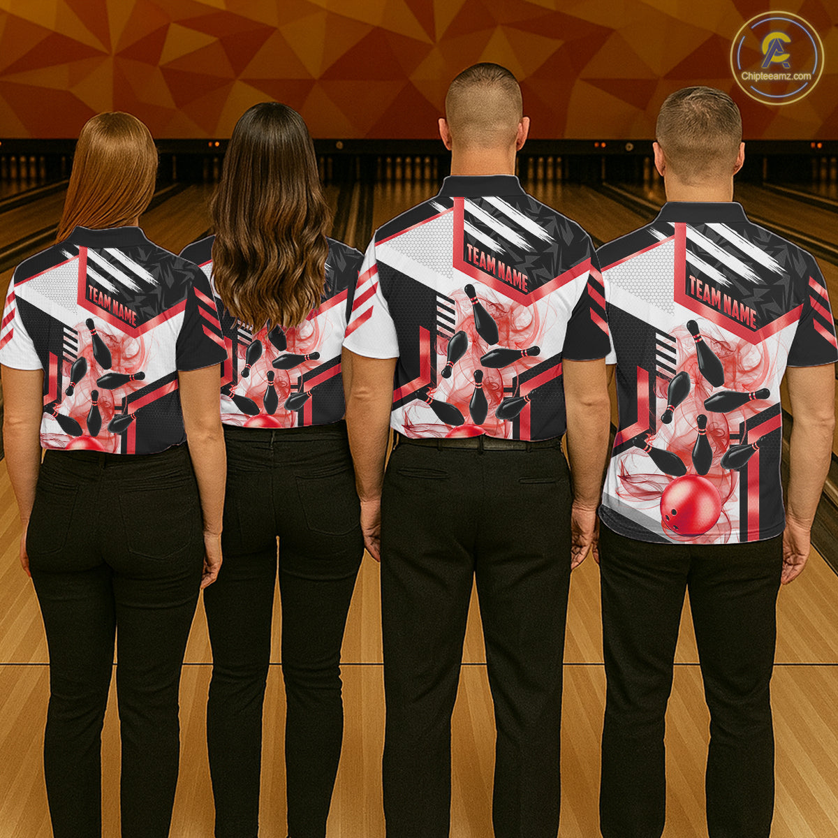 Custom Smoke Bowling Pins Polo & Quarter Zip Shirt For Men, Bowling League Team Jersey |Red TDM6523