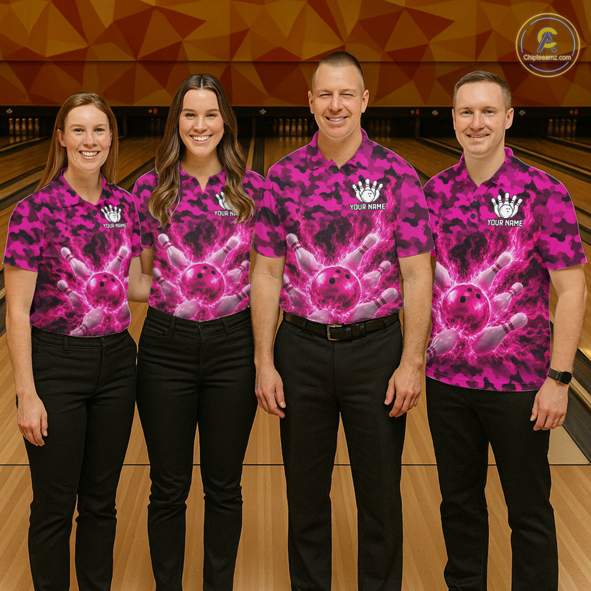 Custom Pink Camo Lightning Flame Bowling Jersey For Men, Bowling Team Shirts Polo & 1/4 Zip TDM6524