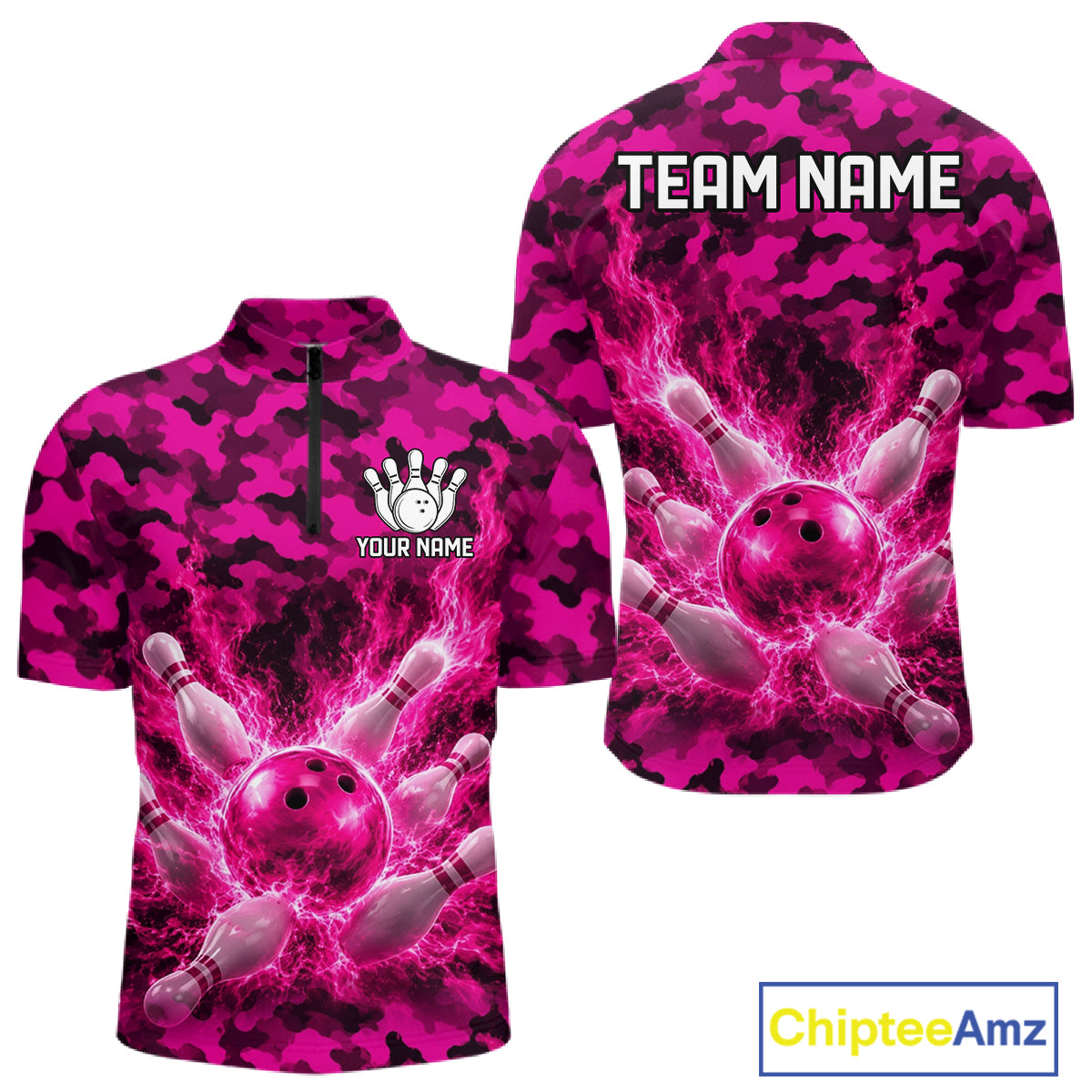 Custom Pink Camo Lightning Flame Bowling Jersey For Men, Bowling Team Shirts Polo & 1/4 Zip TDM6524