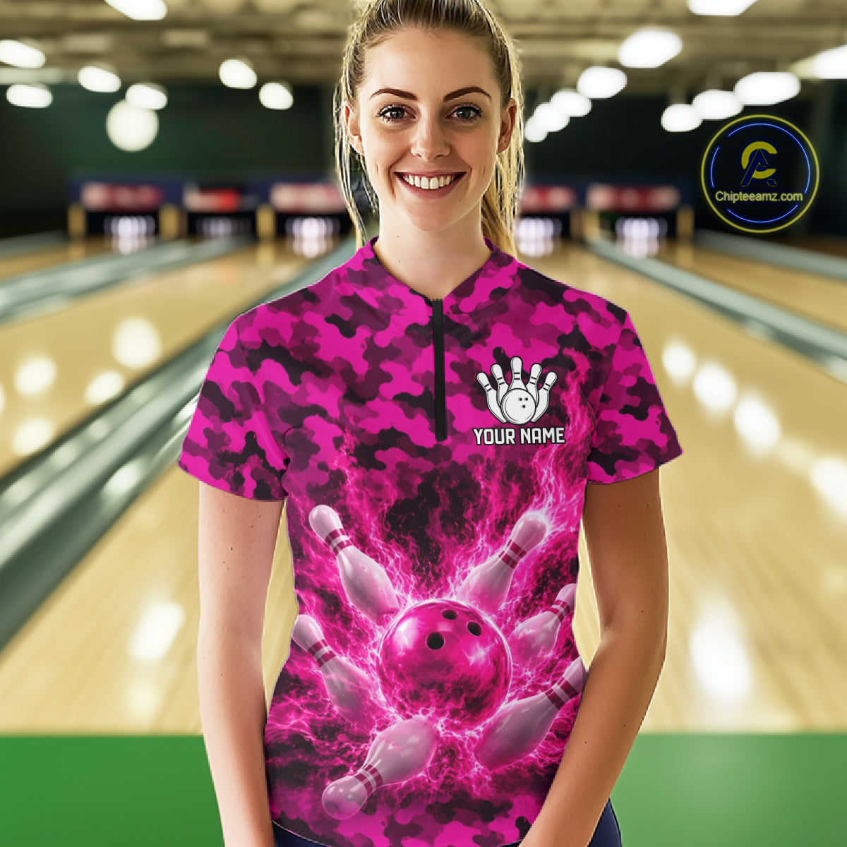 Custom Pink Camo Lightning Flame Bowling Jersey For Women, Bowling Team Shirts Polo & 1/4 Zip TDM6524