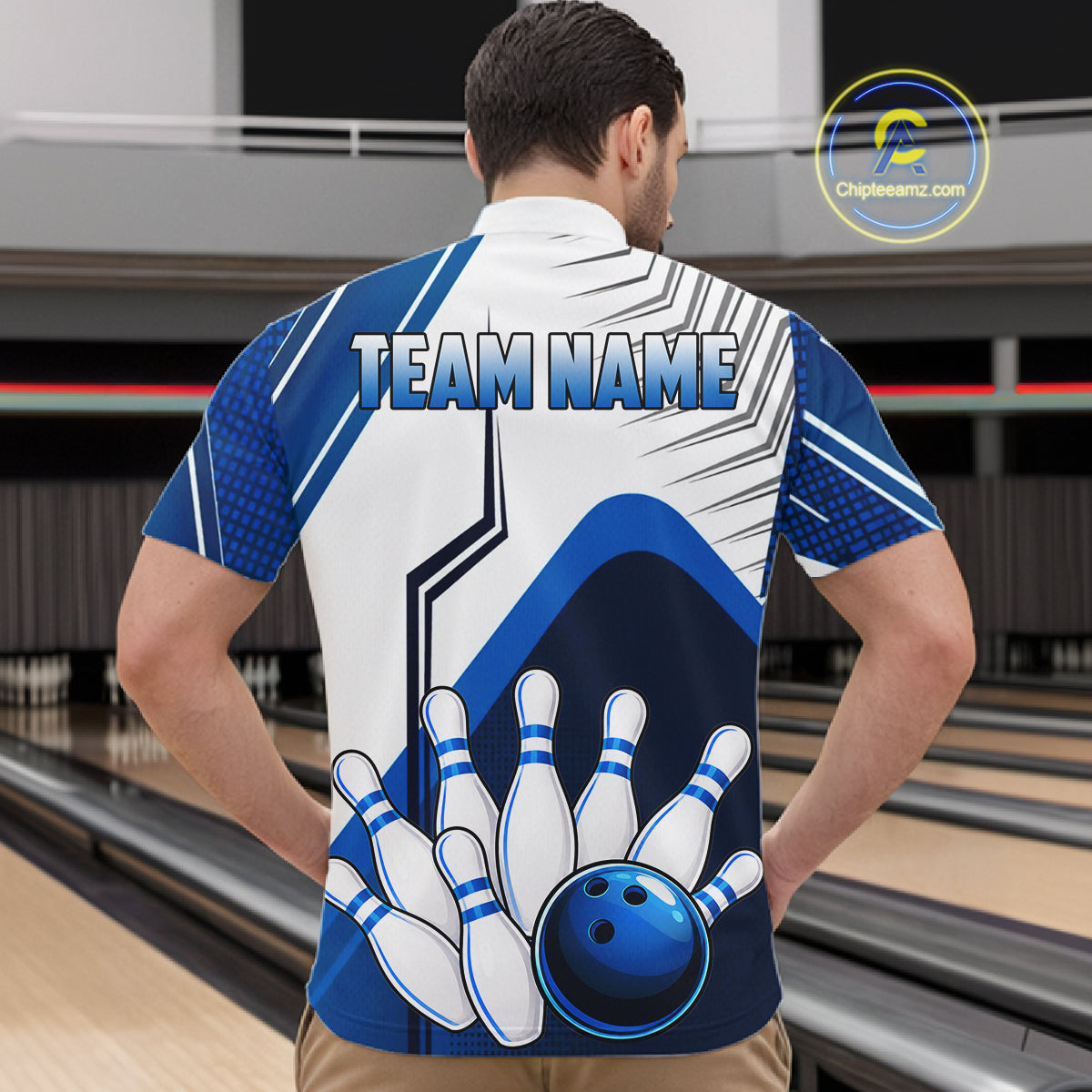 Custom White And Blue Bowling Ball Polo & Quarter Zip For Men, Bowling Team Shirts, Bowling Jersey TDM6525