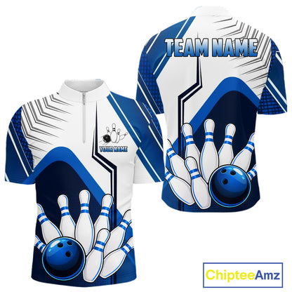Custom White And Blue Bowling Ball Polo & Quarter Zip For Men, Bowling Team Shirts, Bowling Jersey TDM6525