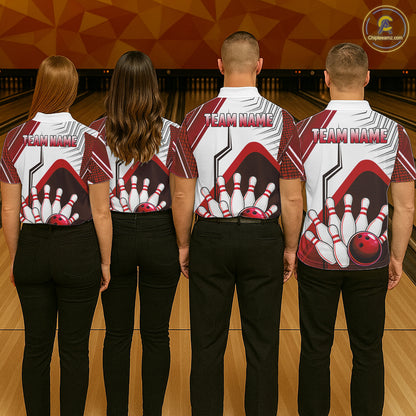 Custom White And Red Bowling Ball Polo & Quarter Zip For Men, Bowling Team Shirts, Bowling Jersey TDM6526