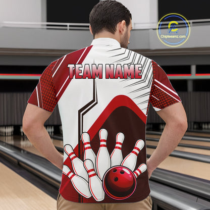 Custom White And Red Bowling Ball Polo & Quarter Zip For Men, Bowling Team Shirts, Bowling Jersey TDM6526