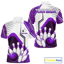 Load image into Gallery viewer, Custom White And Purple Bowling Ball Polo &amp; Quarter Zip For Men, Bowling Team Shirt, Bowling Jersey TDM6527