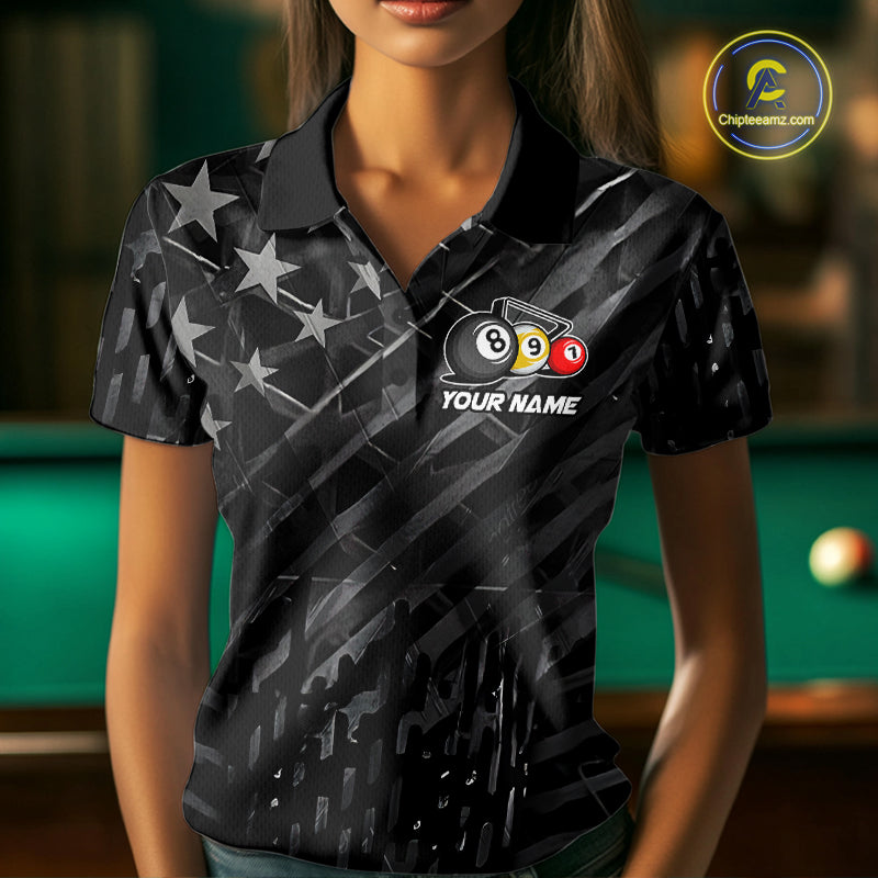 Custom Black US Flag Billiard Shirt For Women Custom Patriotic Billiard Team Jersey Polo & 1/4 Zip TDM6530