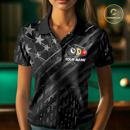 Custom Black US Flag Billiard Shirt For Women Custom Patriotic Billiard Team Jersey Polo & 1/4 Zip TDM6530