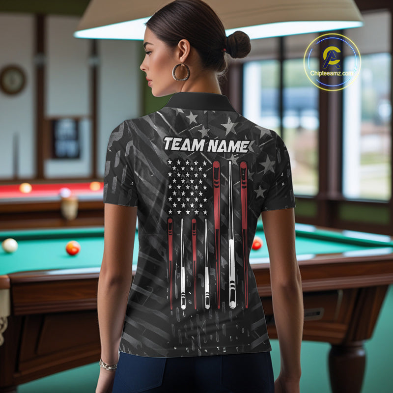 Custom Black US Flag Billiard Shirt For Women Custom Patriotic Billiard Team Jersey Polo & 1/4 Zip TDM6530