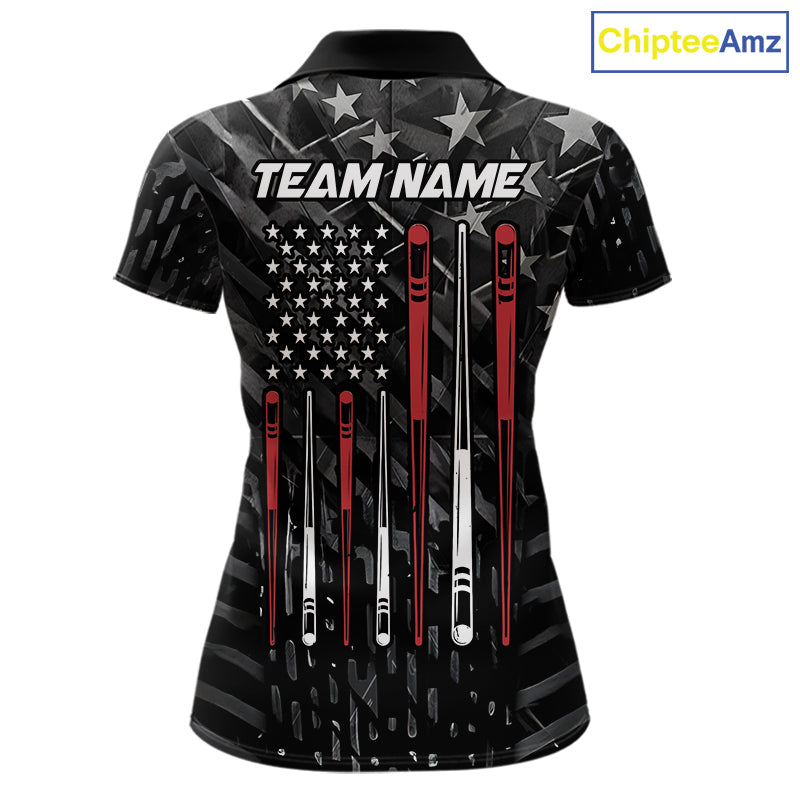 Custom Black US Flag Billiard Shirt For Women Custom Patriotic Billiard Team Jersey Polo & 1/4 Zip TDM6530