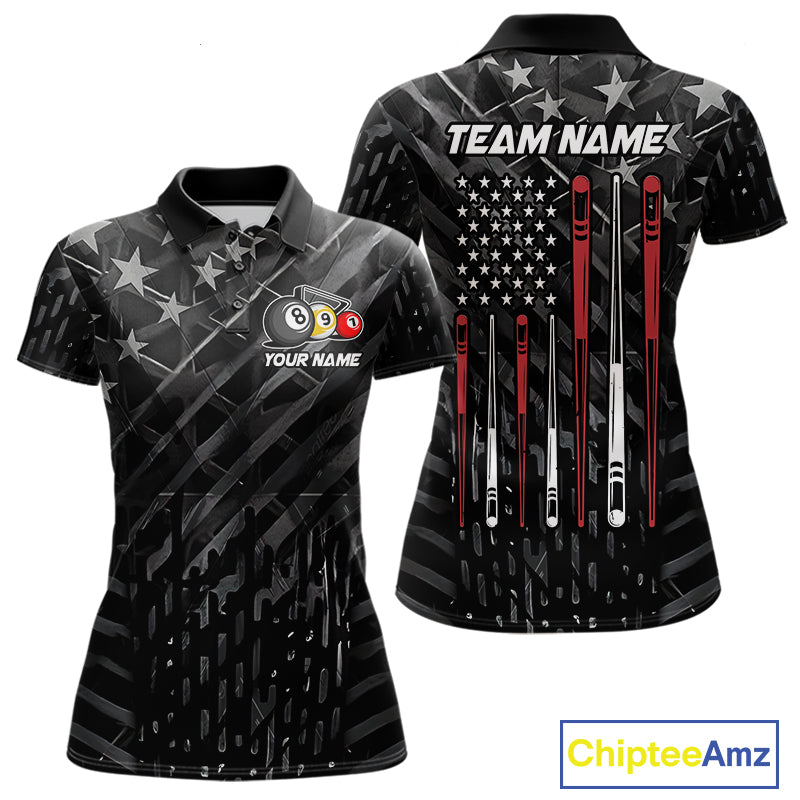 Custom Black US Flag Billiard Shirt For Women Custom Patriotic Billiard Team Jersey Polo & 1/4 Zip TDM6530