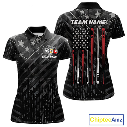 Custom Black US Flag Billiard Shirt For Women Custom Patriotic Billiard Team Jersey Polo & 1/4 Zip TDM6530