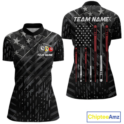 Custom Black US Flag Billiard Shirt For Women Custom Patriotic Billiard Team Jersey Polo & 1/4 Zip TDM6530