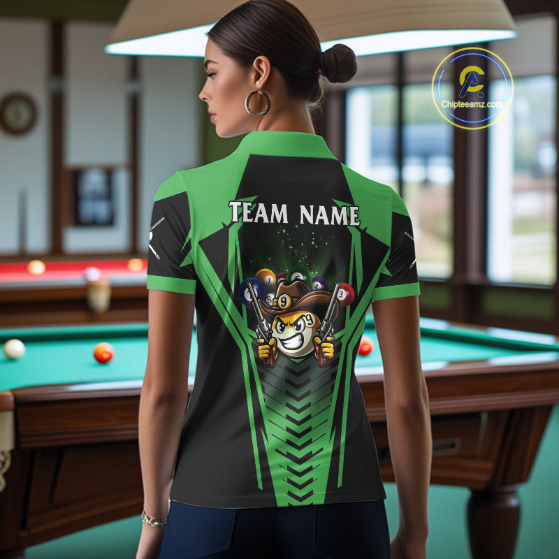 Back view of woman wearing a green 9 ball cowboy pool shirt in a billiards hall.