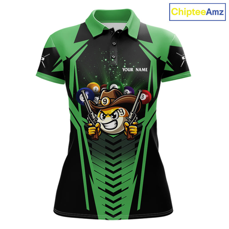 Green 9 ball cowboy billiard polo shirt for women with funny pool team graphics.