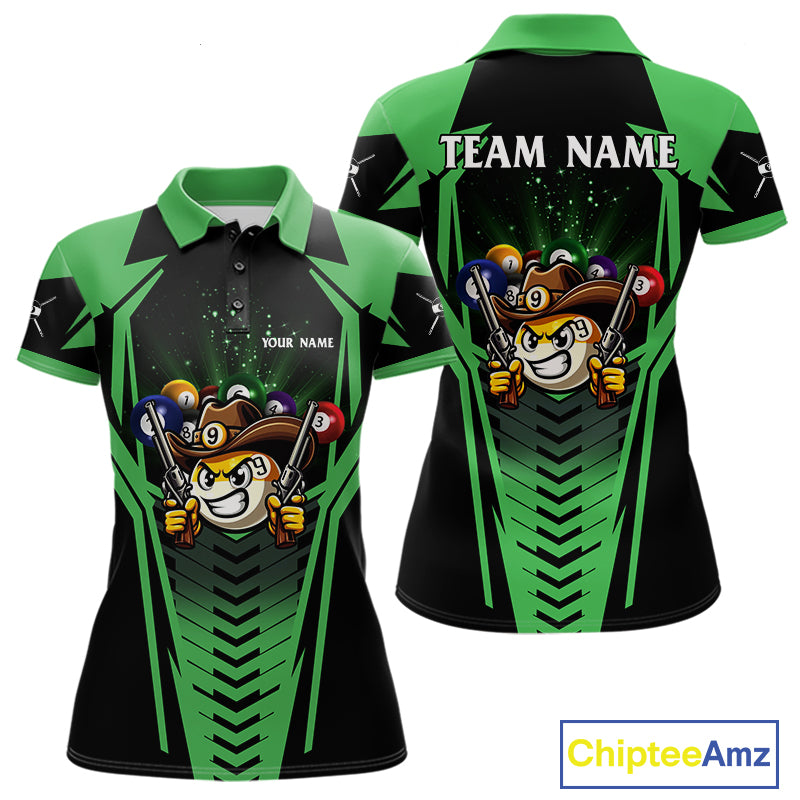 Green 9 ball cowboy billiard polo shirt for women with funny pool team graphics.