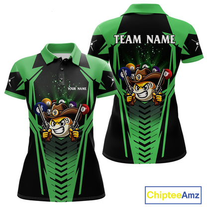 Green 9 ball cowboy billiard polo shirt for women with funny pool team graphics.