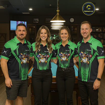 Pool team wearing matching green 9 ball cowboy billiard jerseys during tournament play front view.