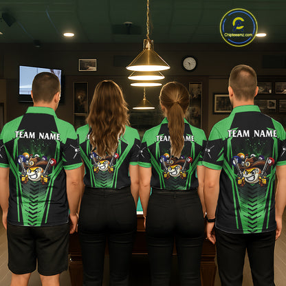 Back view of pool players wearing matching green cowboy billiard shirts in a game room.