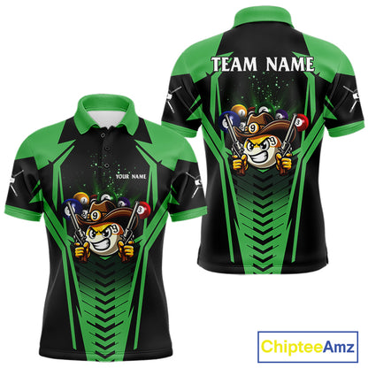 Green 9 ball cowboy billiard polo shirt for men with funny pool team graphics.