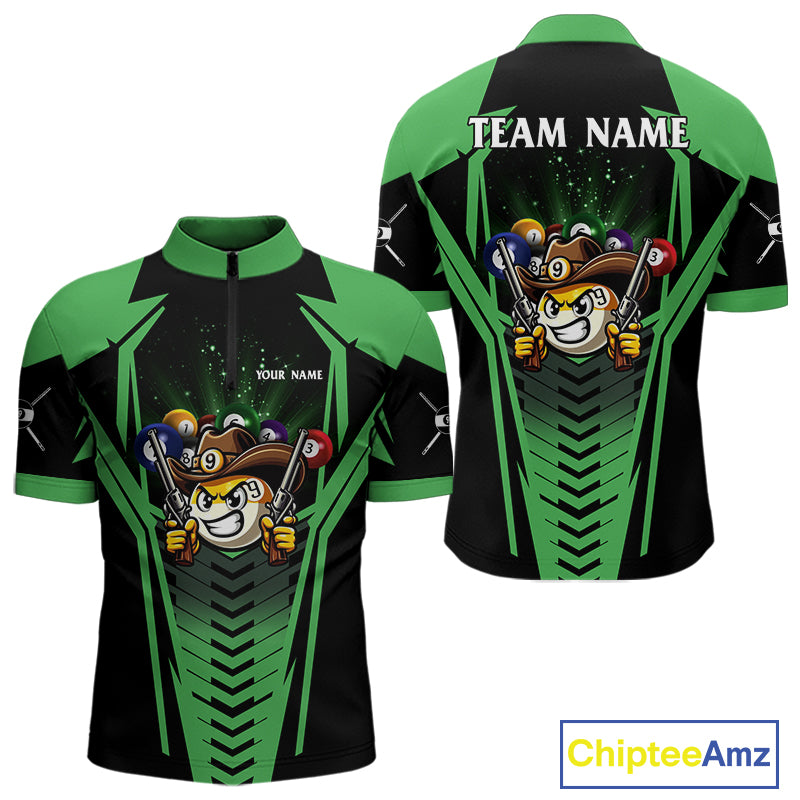 Green 9 ball cowboy billiard quarter zip shirt for men designed for league tournaments and team events.