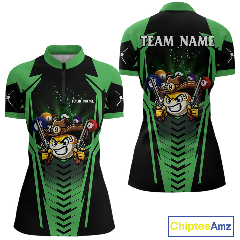 Green 9 ball cowboy billiard quarter zip shirt for women designed for league tournaments and team events.