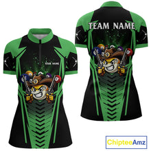 Load image into Gallery viewer, Green 9 ball cowboy billiard quarter zip shirt for women designed for league tournaments and team events.