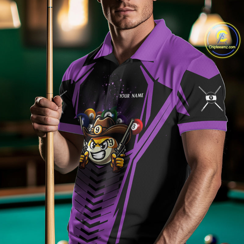 Man wearing a purple 9 ball cowboy billiard jersey beside a pool table front view.