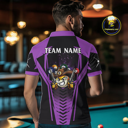 Back view of man wearing a purple 9 ball cowboy pool shirt in a billiards hall.