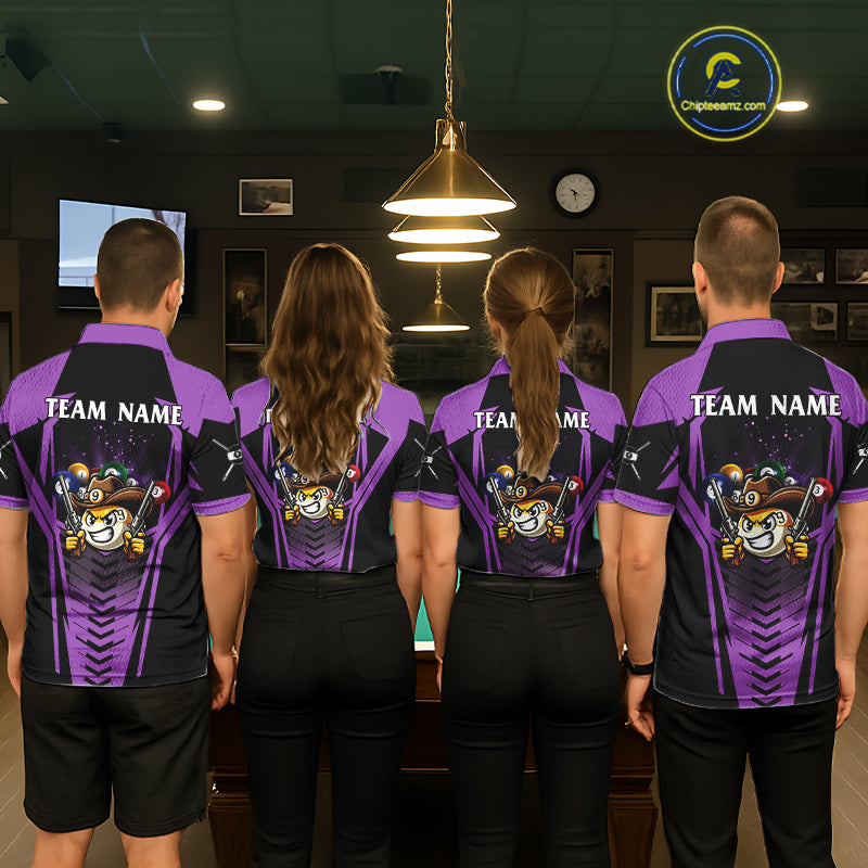 Back view of pool players wearing matching purple cowboy billiard shirts in a game room.