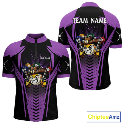 Purple 9 ball cowboy billiard quarter zip shirt for men built for tournaments and league competition.