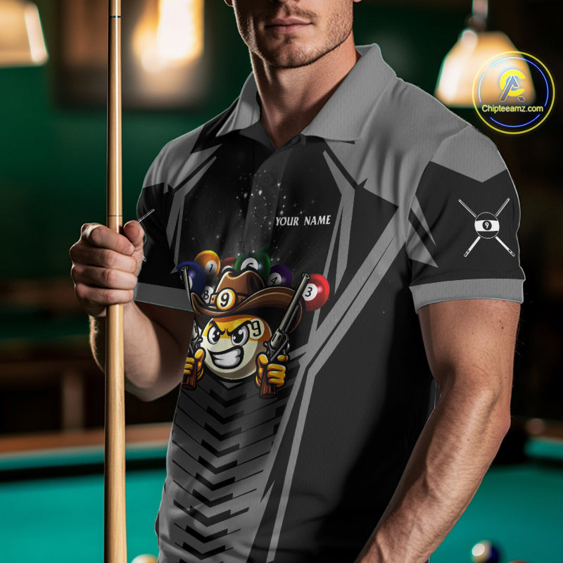 Man wearing a grey 9 ball cowboy billiard jersey beside a pool table front view.