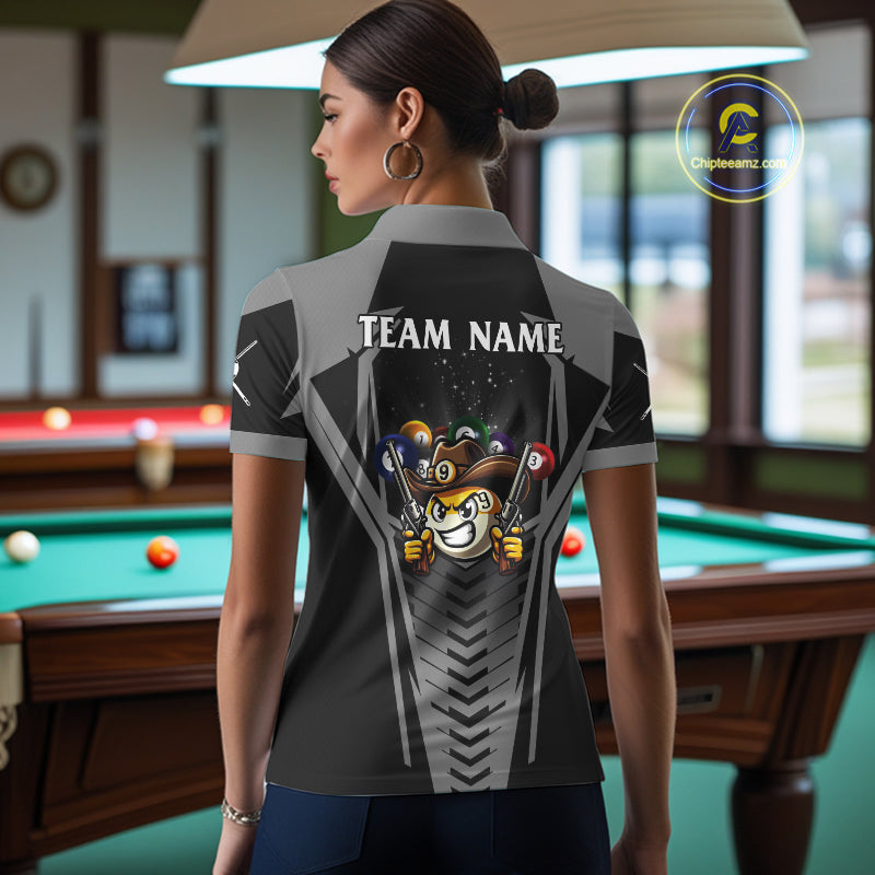 Back view of woman wearing a grey 9 ball cowboy pool shirt in a billiards hall.