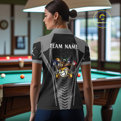 Back view of woman wearing a grey 9 ball cowboy pool shirt in a billiards hall.