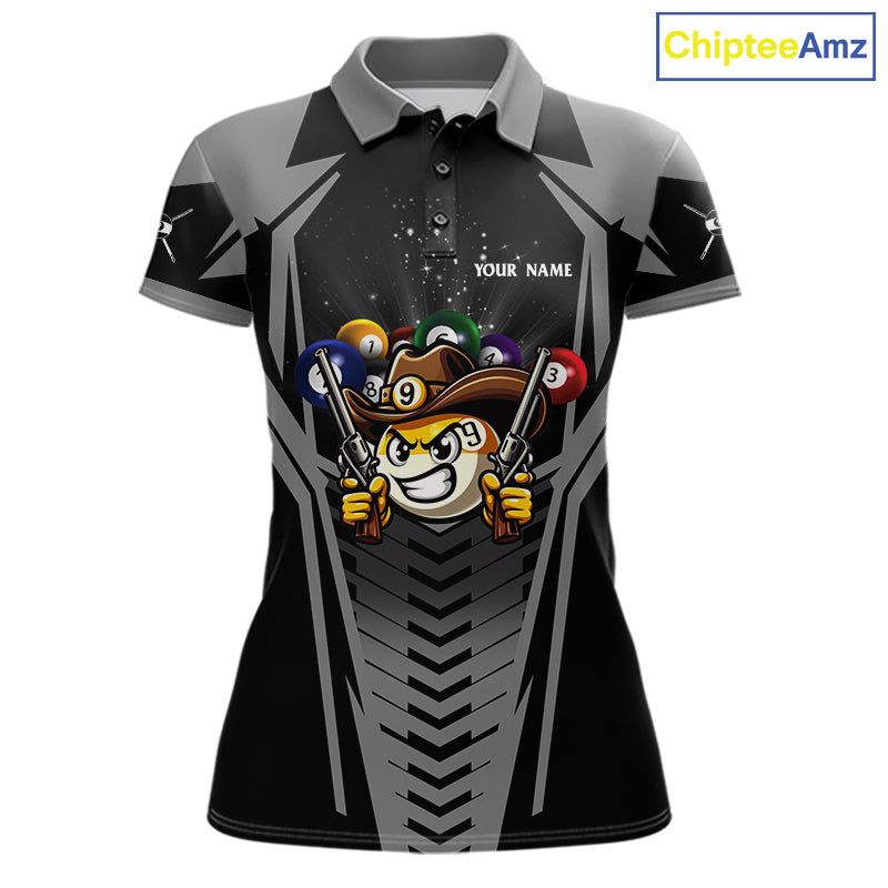 Grey 9 ball cowboy billiard polo shirt for women with funny pool team graphics.