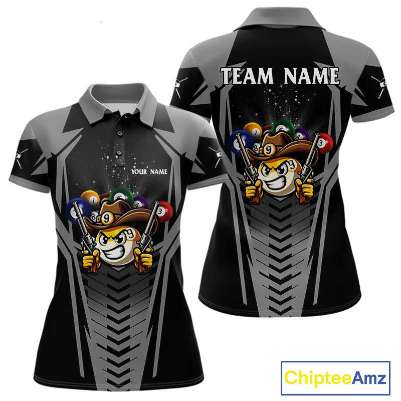 Grey 9 ball cowboy billiard polo shirt for women with funny pool team graphics.