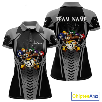 Grey 9 ball cowboy billiard polo shirt for women with funny pool team graphics.