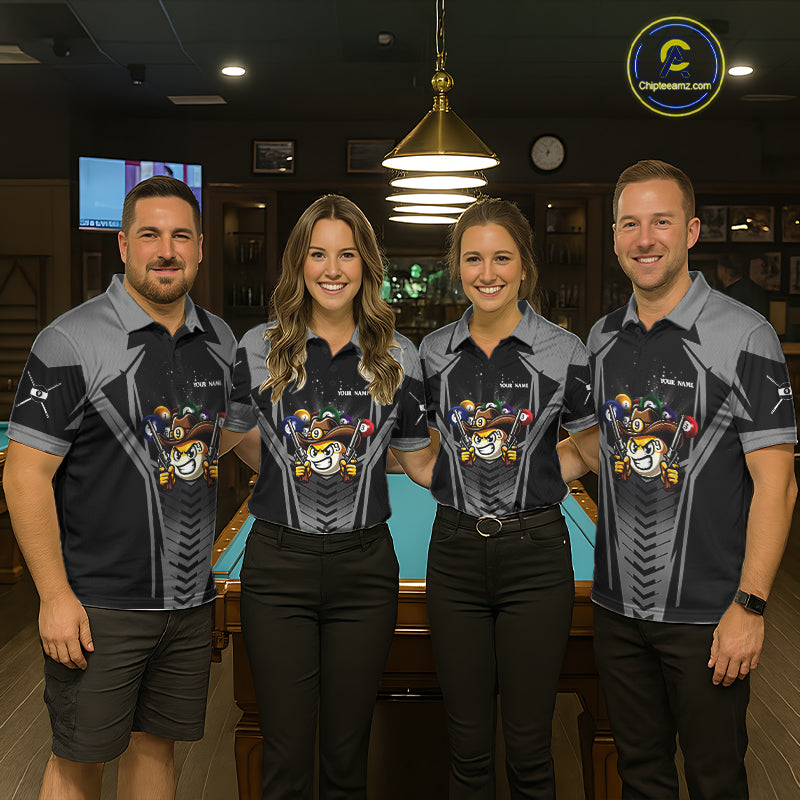 Pool team wearing matching grey 9 ball cowboy billiard jerseys during tournament competition front view.