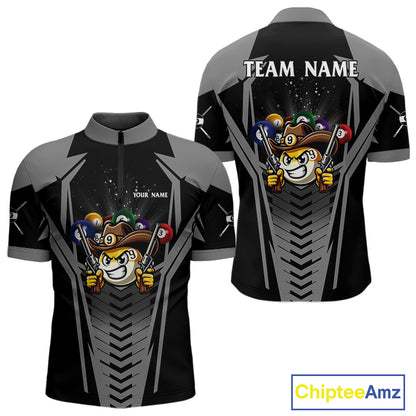 Grey 9 ball cowboy billiard quarter zip shirt for men designed for league tournaments and team events.