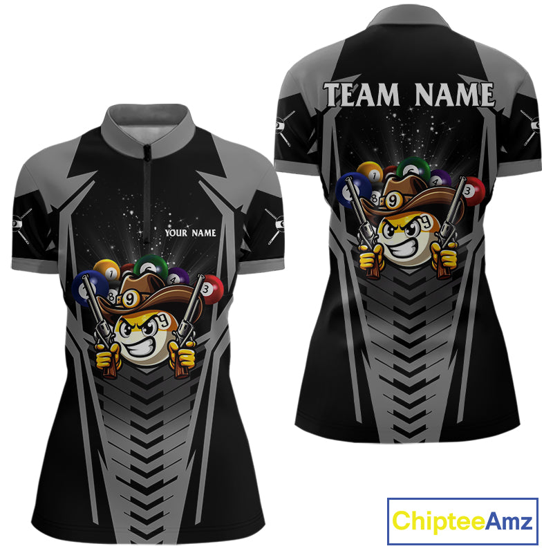 Grey 9 ball cowboy billiard quarter zip shirt for women designed for league tournaments and team events.